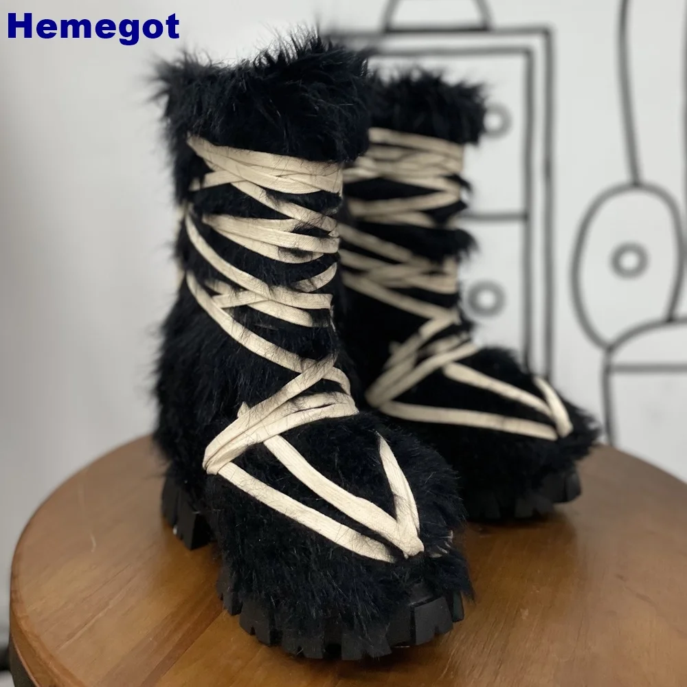 Street Fashion Y2K - Sepatu Bot Wanita Hitam Berbulu Setinggi